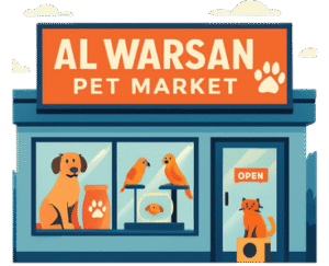 Birds and small pets displayed inside a shop at Al Warsan Pet Market Dubai