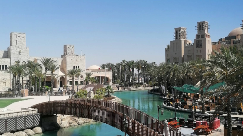 Madinat Jumeirah full awesome view with river at dubai
