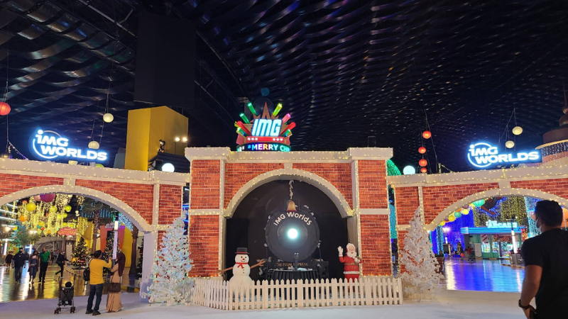 Gate view inside IMG Worlds of Adventure showing interior entrance area and themed entry structure