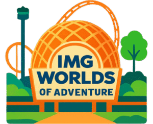 Stylized artwork illustration of IMG Worlds of Adventure theme park exterior with vibrant colors and attractions.