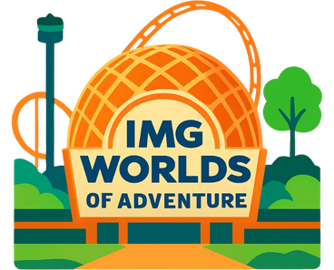 Stylized artwork illustration of IMG Worlds of Adventure theme park exterior with vibrant colors and attractions.