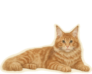 Cartoon illustration of a sitting Maine Coon cat with a fluffy body and expressive face.