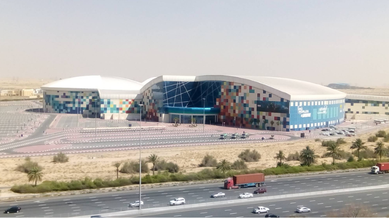 IMG Worlds of Adventure aerial bird’s-eye view showing full park layout with surrounding roads