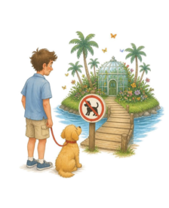 Man and dog at Al Noor Island bridge with no pets sign