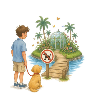 Man and dog at Al Noor Island bridge with no pets sign