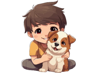 a baby and dog are setting on donw