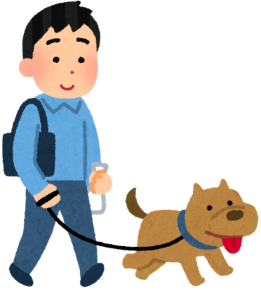 a dog walking with a small man
