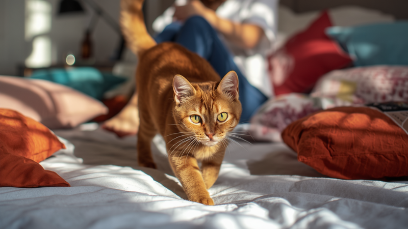American Bobtail cats are running playfully on the bed behind their owner indoors.