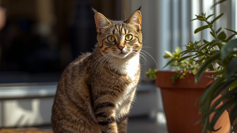American Bobtail cat sitting beside flower pots on a balcony