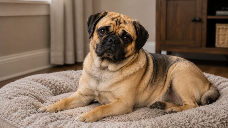 Piggle dog sitting comfortably on top of a sofa indoors.