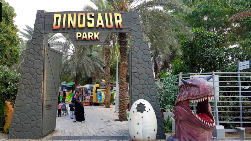Dinosaur Park Dubai main entrance gate with a full front view and visitor pathway.