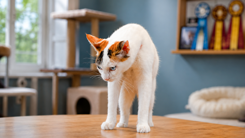 Japanese Bobtail cat standing on a wooden table inside a cozy room