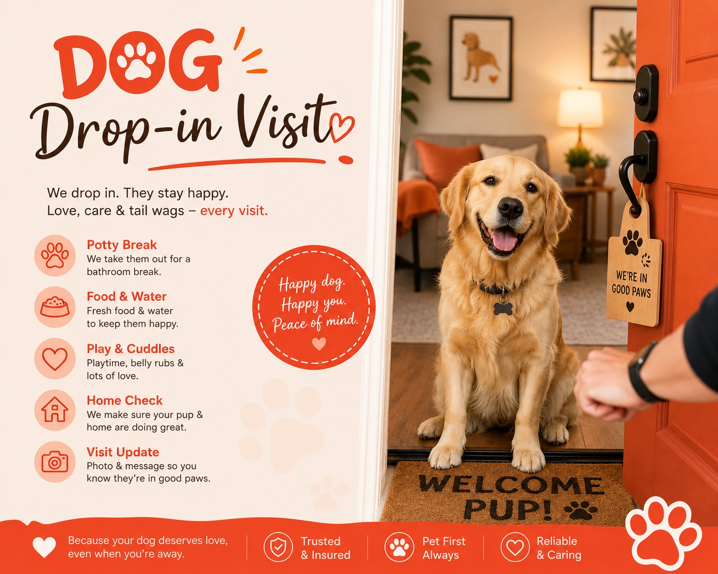Dog drop-in visits section featuring a friendly dog and in-home pet care details