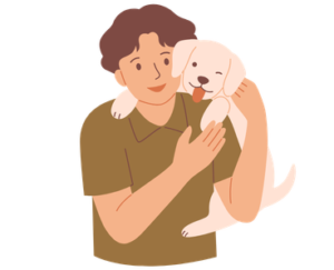 A happy dog sitting on its owner's shoulders outdoors.