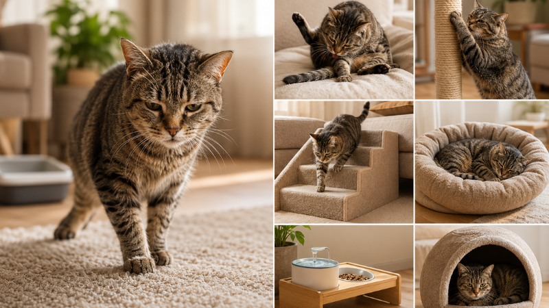 Senior cat using pet stairs, cozy bed, and low scratching post in a comfortable home.