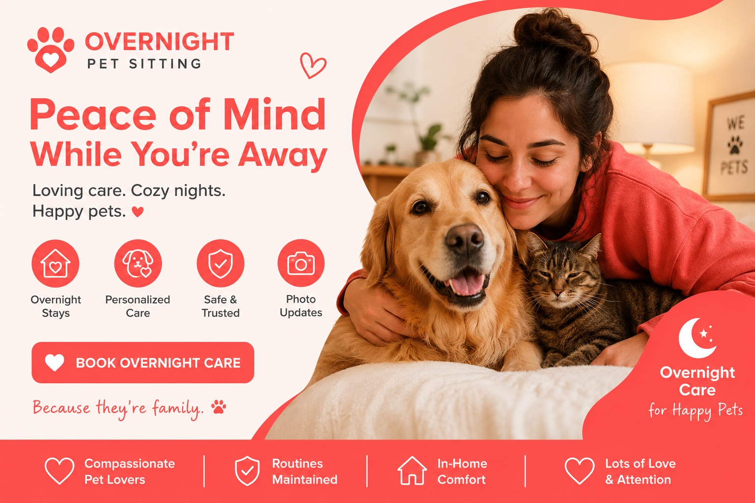 Overnight pet sitting banner featuring a happy dog and in-home pet care services