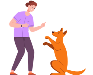 Pet owner teaching good behavior to their dog indoors