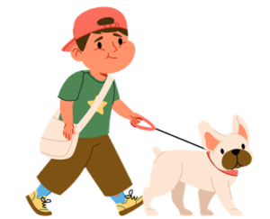 a dog walking with owner