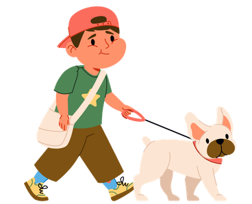 a dog walking with owner