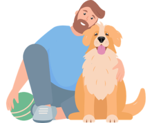 Dog sitter sitting with a dog while holding a football during an in-home pet visit