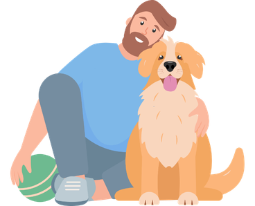 Dog sitter sitting with a dog while holding a football during an in-home pet visit