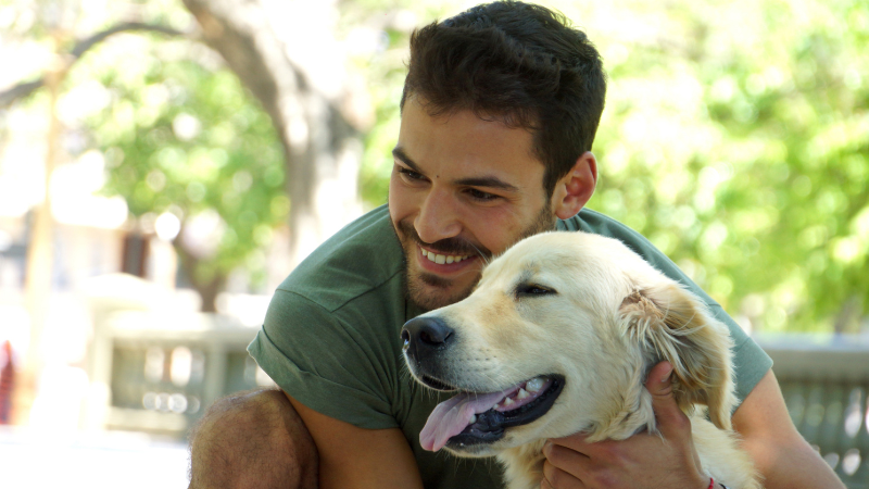 Young dog owner petting a white dog in a park.