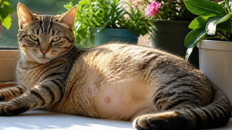 Pregnant cat resting comfortably indoors on a soft bed