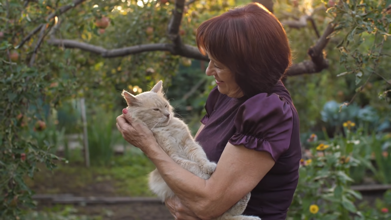 Smiling woman holding her pet cat outdoors with love and care