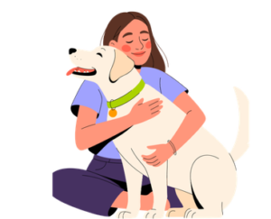 A lady owner holding her small dog closely in her arms.