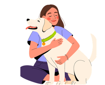 A lady owner holding her small dog closely in her arms.