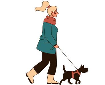 dog walking with her lady owner