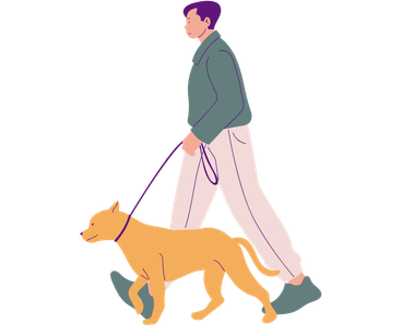 dog walking with owner