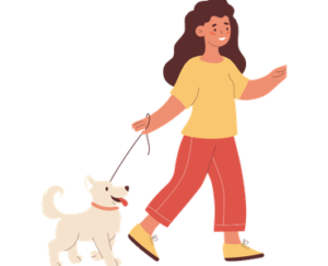 dog walking with owner