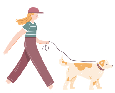 a dog walking with owner