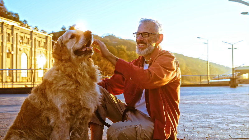Pet owner gently cuddling a dog outdoors during a calm and loving bonding moment.