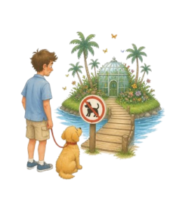 Man and dog at Al Noor Island bridge with no pets sign