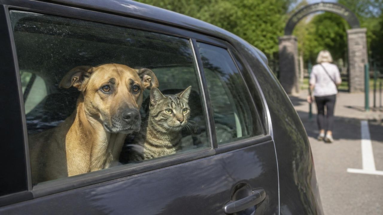 Dog and cat in a car looking owner