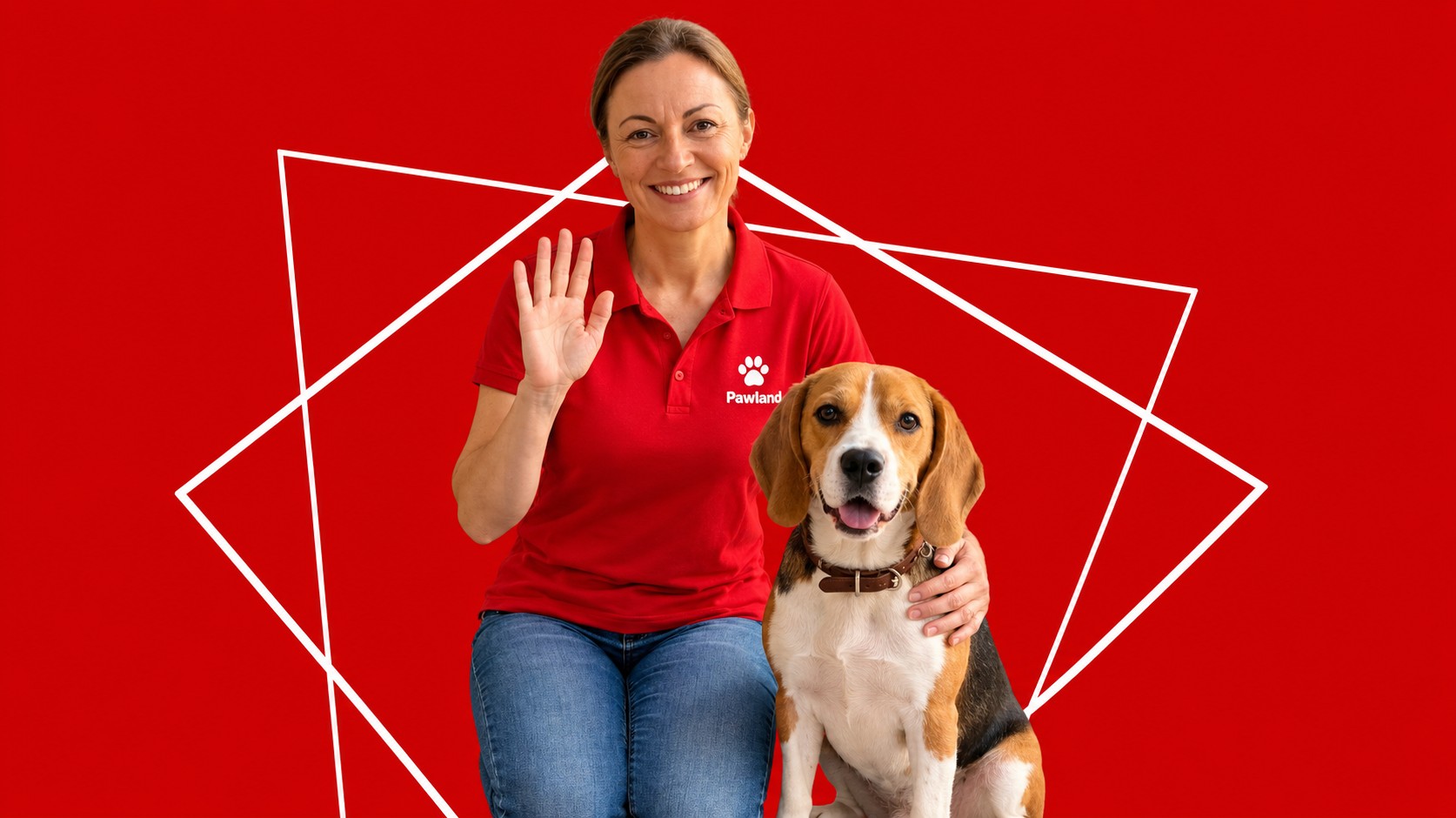 Pawland pet sitter smiling and waving beside a happy dog