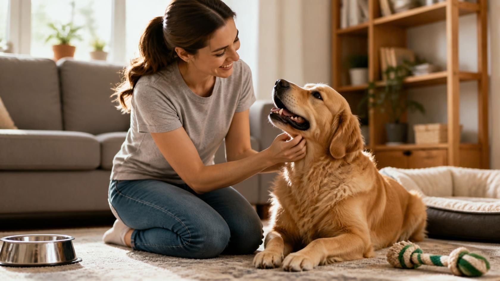 Dog sitter caring for a golden retriever at home