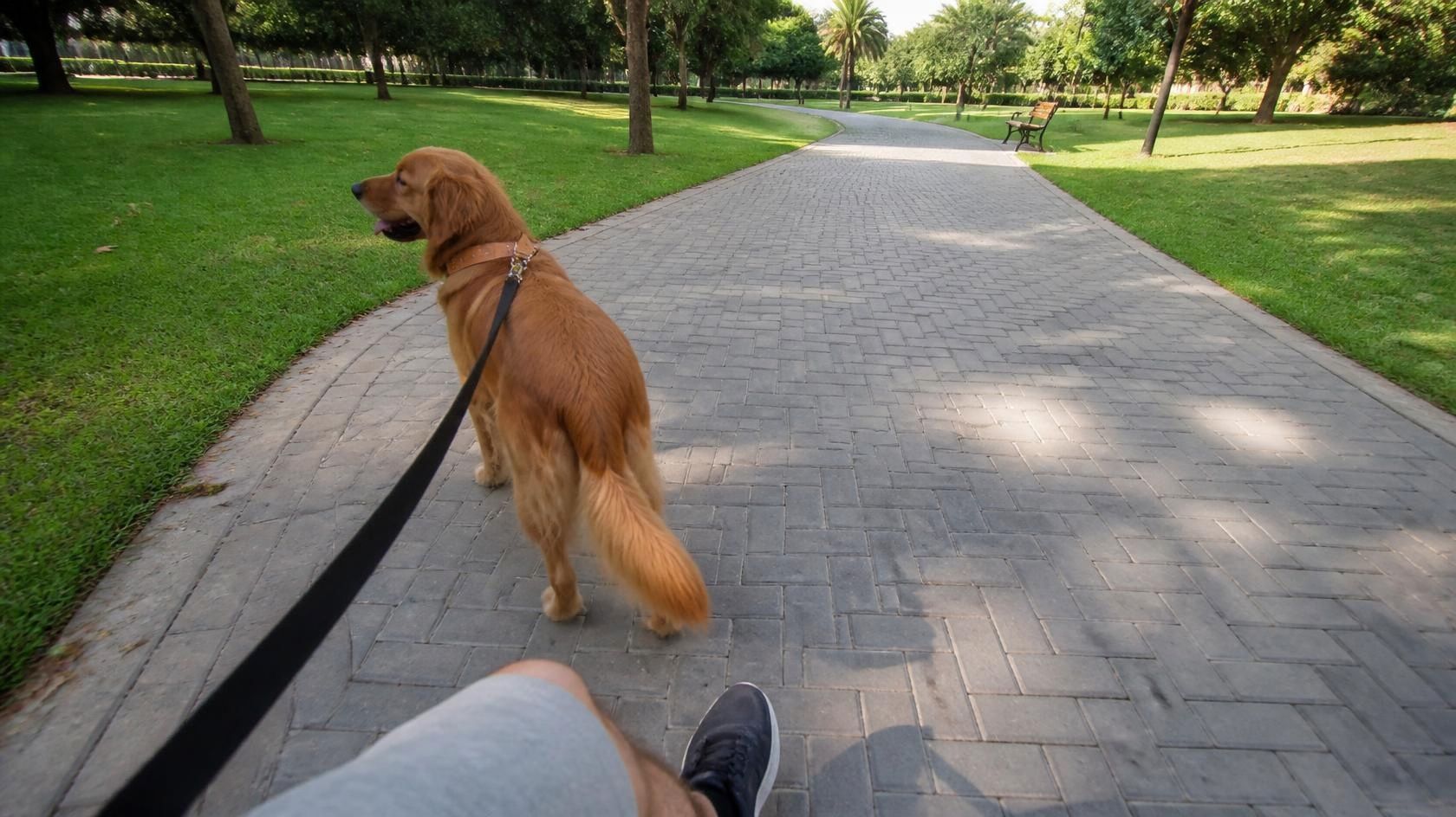Golden retriever on a leash walking in a park