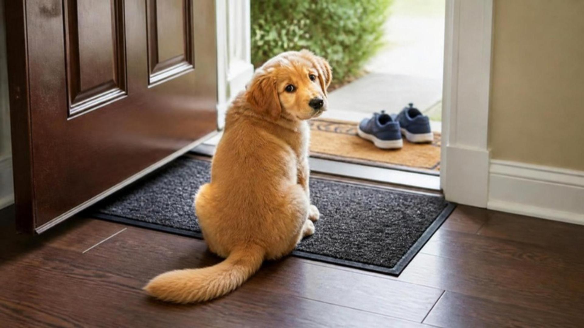 Golden retriever puppy waiting at the front door at home